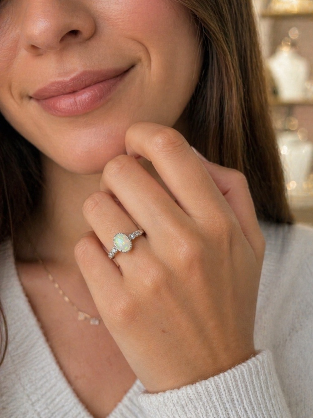 18K Silver Plated Natural Opal Ring